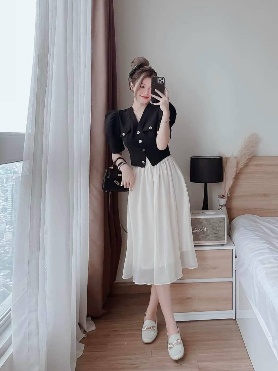 Set nữ sang trọng thiết kế chân váy phối voan kèm áo phối nút cá tính thời trang HARI