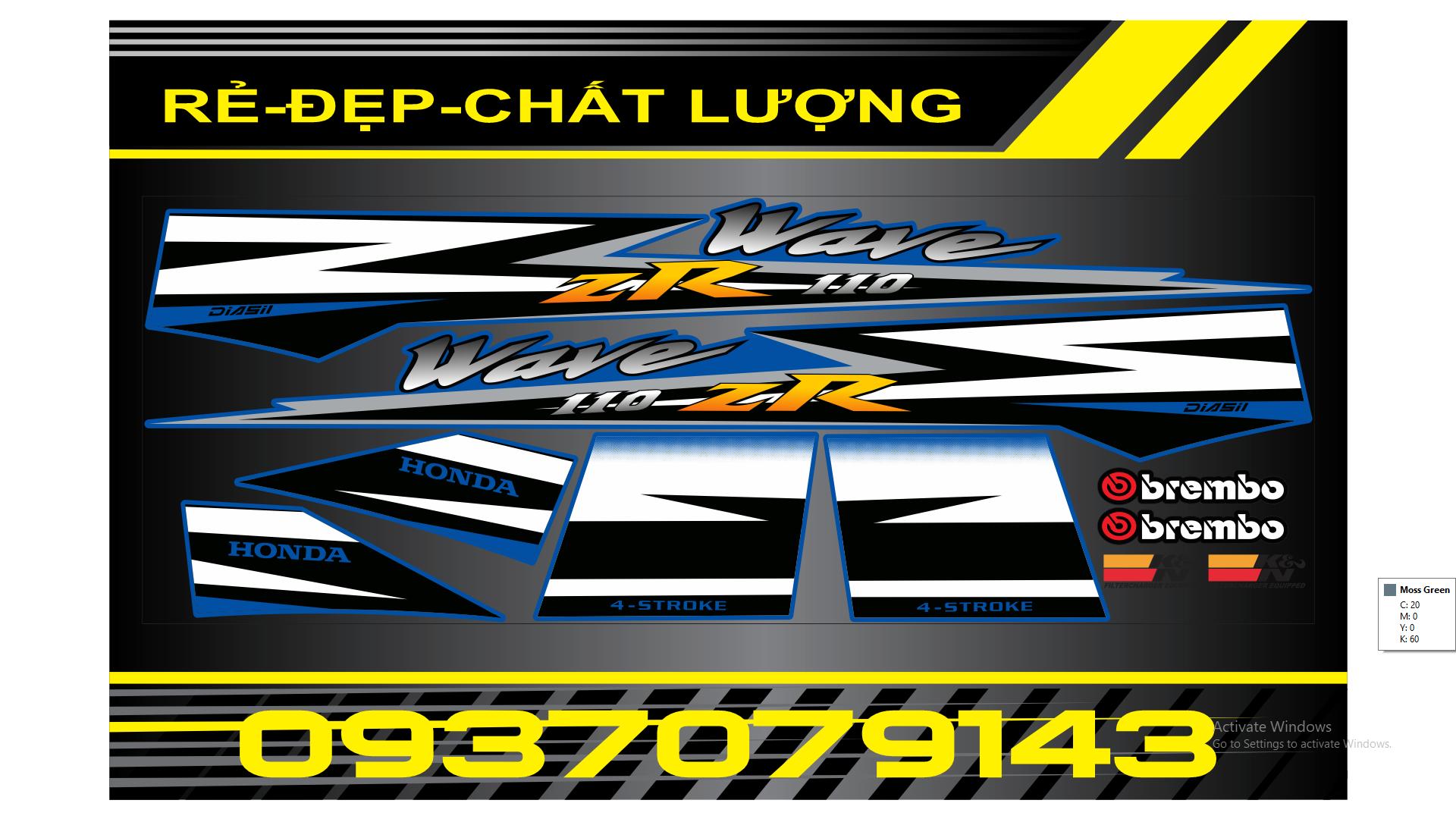 Tem xe wave nhỏ zr trắng xanh đen