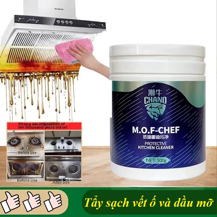 Bột siêu tẩy dầu mỡ nhà bếp mof chano 500g chuyên dụng đa năng tẩy sạch vết dầu cô két, lâu năm hút mùi bếp ga, bếp từ, xoong nồi. công dụng bột tẩy bếp mof chano - tẩy sạch vết dầu cô đặc, két lại lâu năm trên bếp ga, bếp từ, dầu mỡ bám vào máy hút mùi.