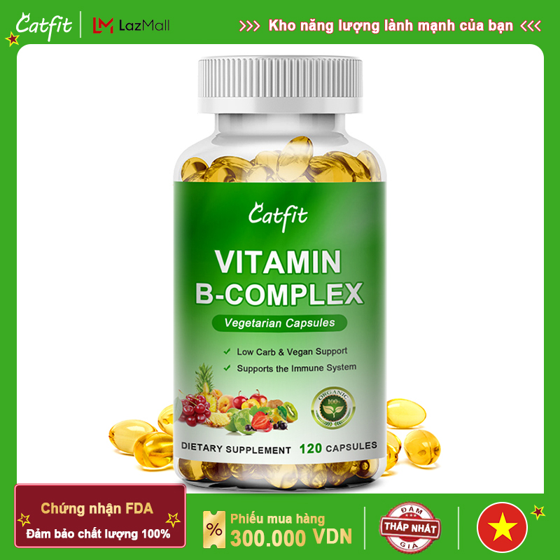 CATFIT Vitamin B Complex Capsules B1, B2, B3, B5, B6, B7, B9, B12 Hỗ trợ Căng thẳng, Năng lượng & Miễn dịch Bổ sung Toàn bộ Thực phẩm, Cải thiện Tình trạng Da, Tăng cường Chuyển hóa Glucose