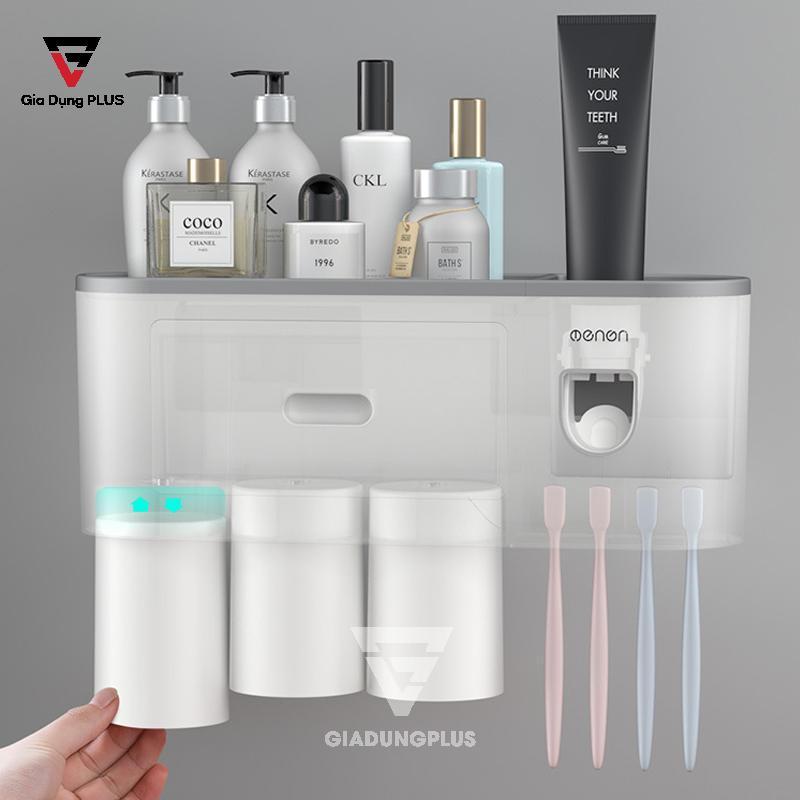 (HOT) Kệ Đựng Đồ Nhà Tắm Thông Minh Đựng Bàn Chải, Kem Đánh Răng- Kèm Cốc Hút Từ Tính Có Nhả Kem Đánh Răng Tự Động, Lắp Đặt Dính Tường, Máy nhả kem đánh răng 3 cốc