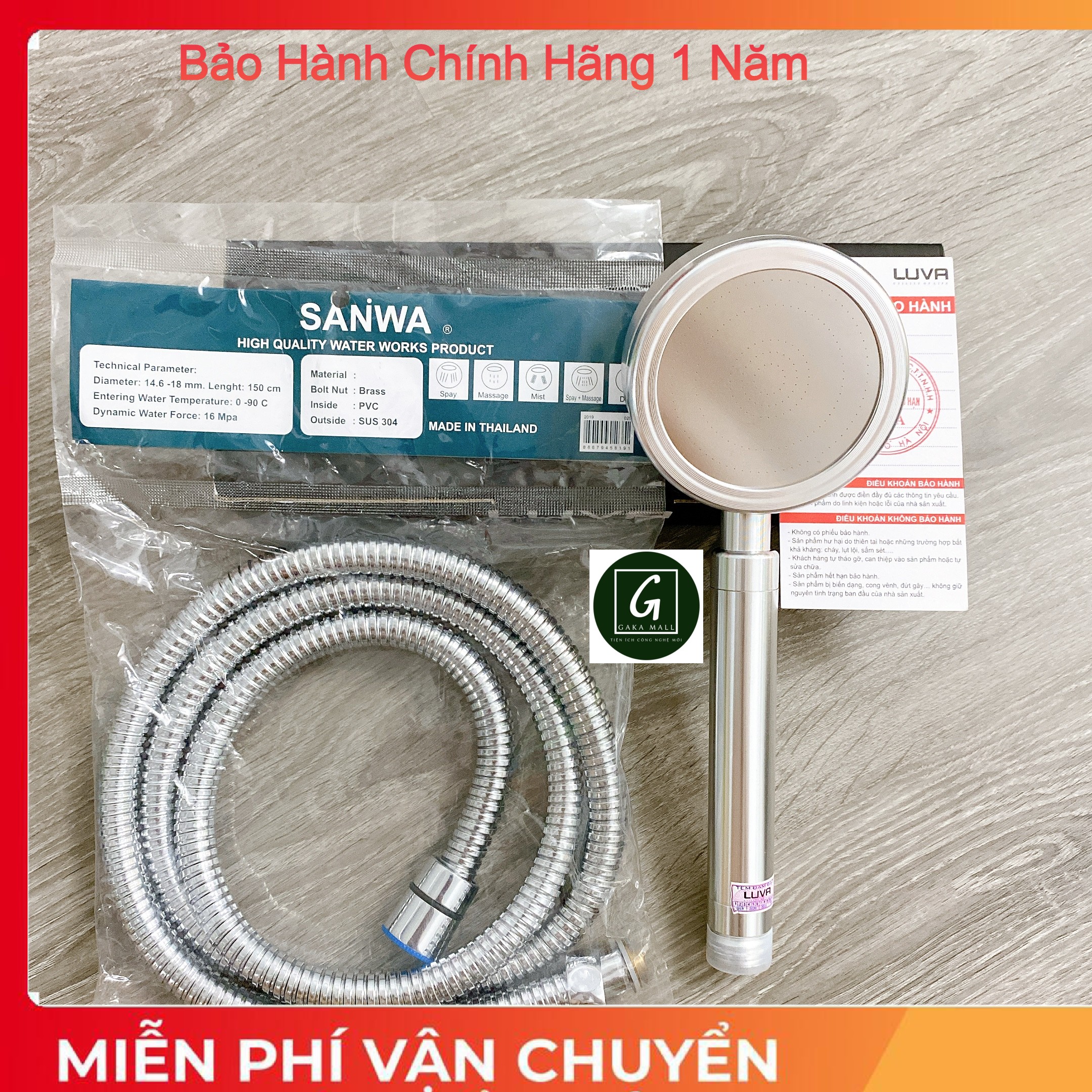 Combo vòi sen tăng áp, bát sen tắm luva vs4, kèm dây sen sanwa dài 1.5m, nhập khẩu thái lan - gaka mall