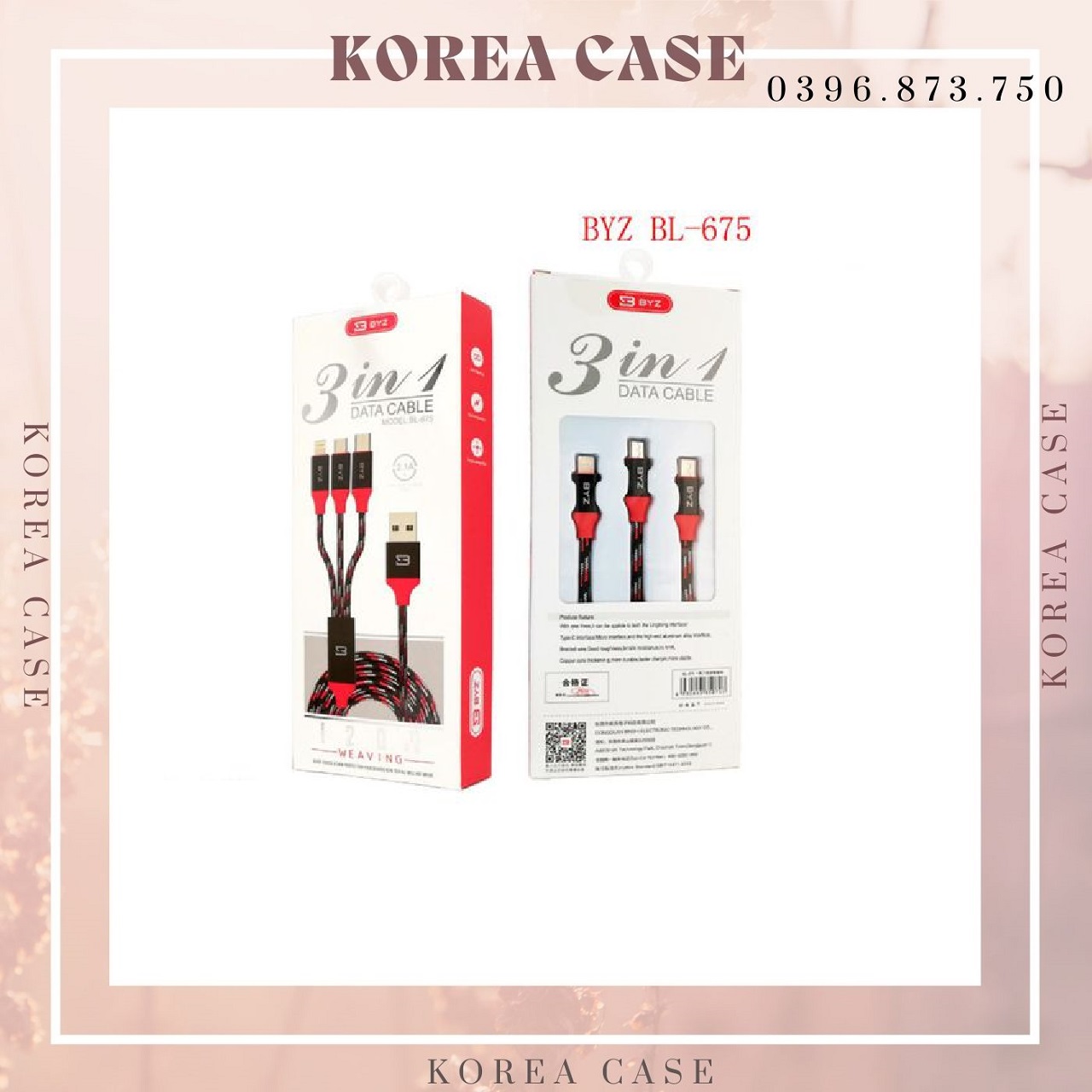 Cáp sạc 3 đầu byz bl-675 bọc dù cao cấp, độ dài 1m2