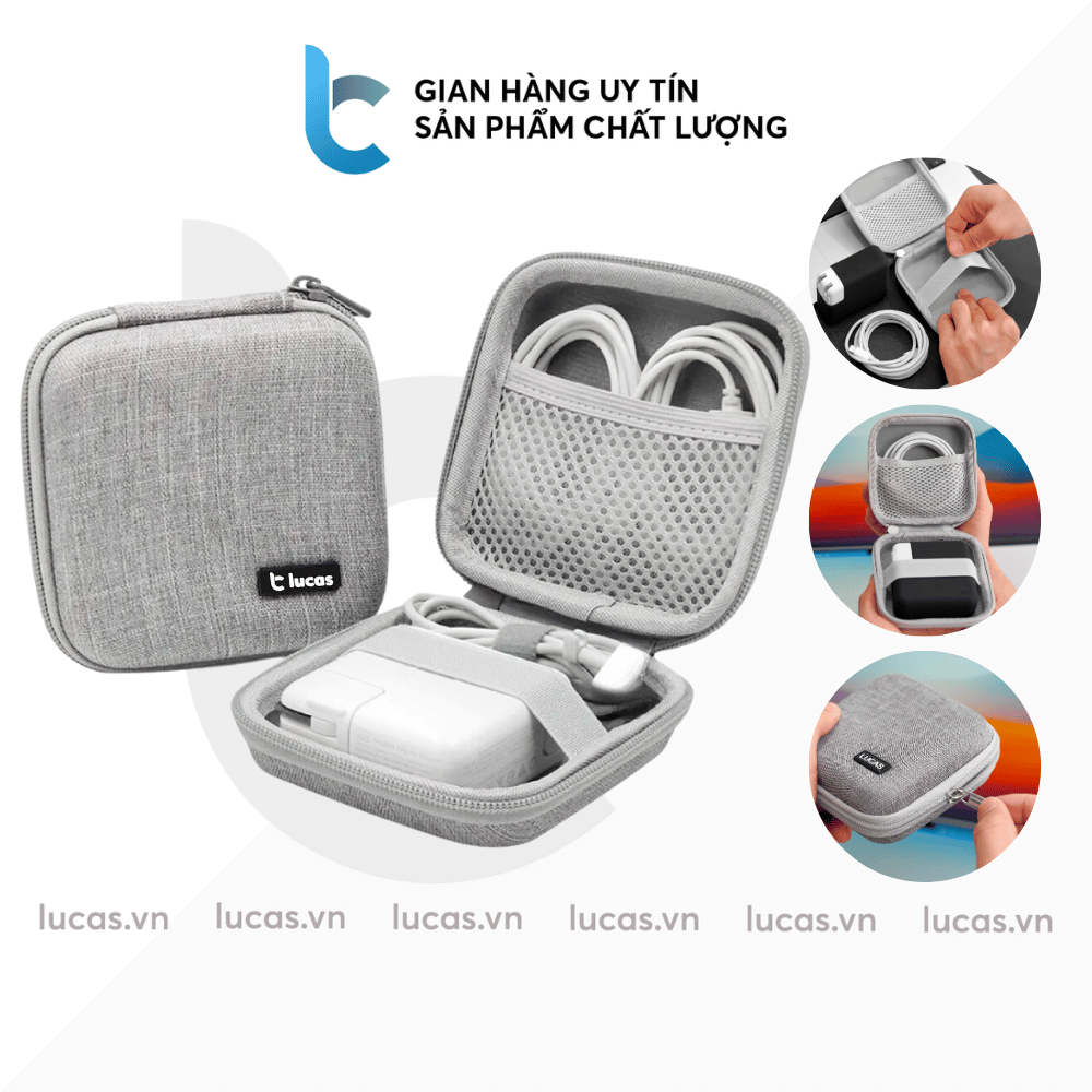 Hộp Đựng Cáp, Sạc Macbook Lucas Xám Chống Sốc, Chống Nước, Có Dây Ràng Để Giữ Chặt Sạc