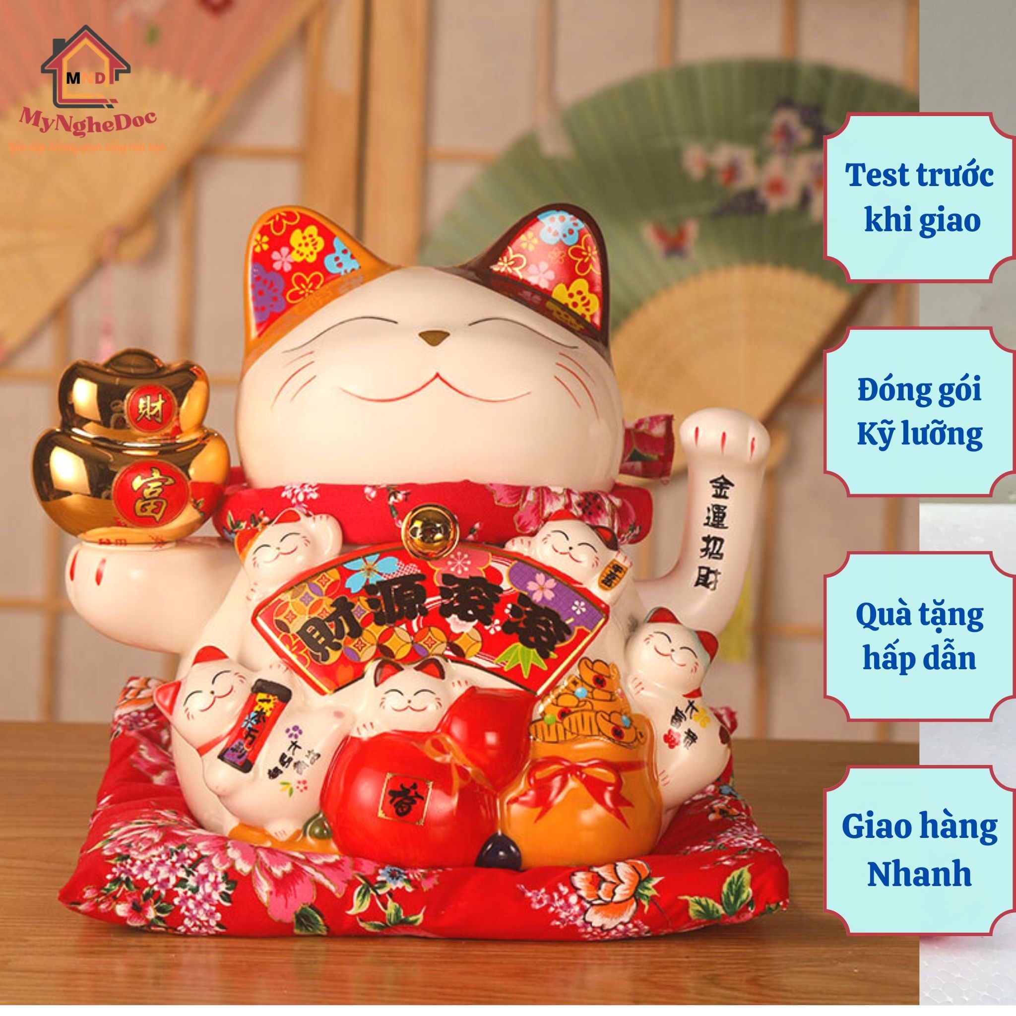 Mèo thần tài vẫy tay Đại Cát Đại Lợi 8 inch cao 22 cm phù hợp cho shop kinh doanh, cửa hàng, tặng khai trương, tân gia, mèo thần tài chạy điện