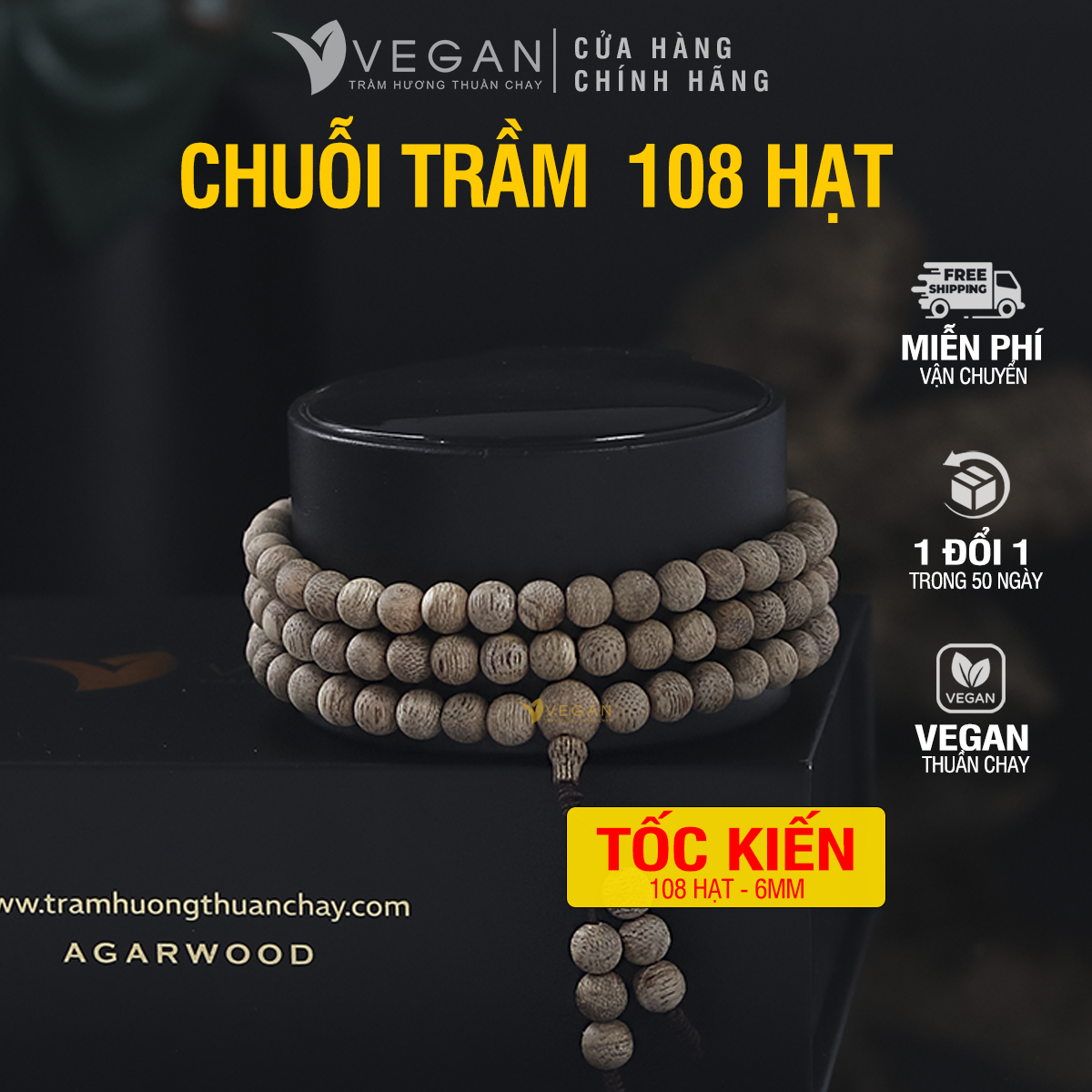 Vòng tay Trầm Hương Thuần Chay chuỗi tràng tốc kiến cao cấp 6mm 108 hạt