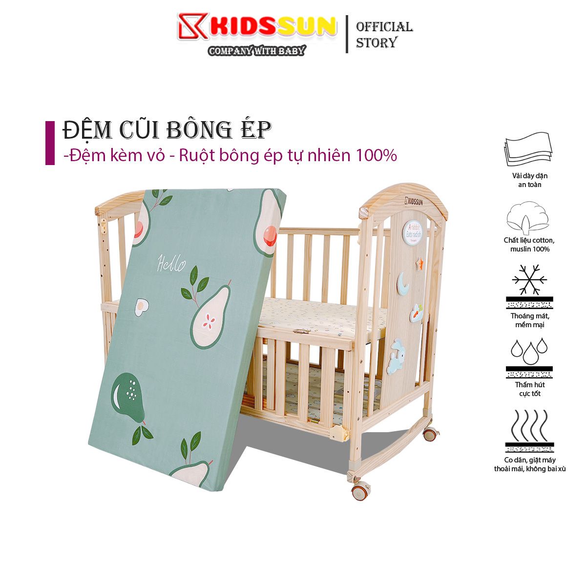 Đệm Cũi Cho Bé KIDSSUN,Nệm Cũi Chất Liệu Bông Ép Tự Nhiên Cao Cấp + Đệm Trứng Lượn Sóng Được Cải Tiến Giúp Bé Có Cảm Giác Được Mát Xa Thư Giãn