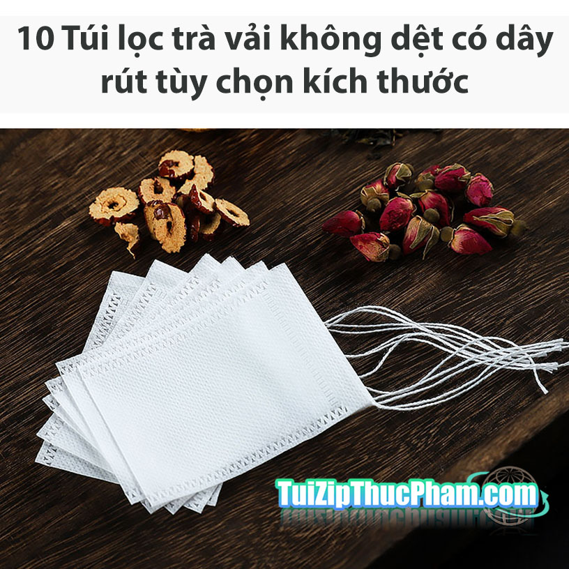 10 Túi lọc trà dây rút MIS, túi lọc gia vị, cà phê, thảo dược chất liệu vải không dệt chuẩn thực phẩm, túi lọc thẩm thấu cao nhiều kích thước