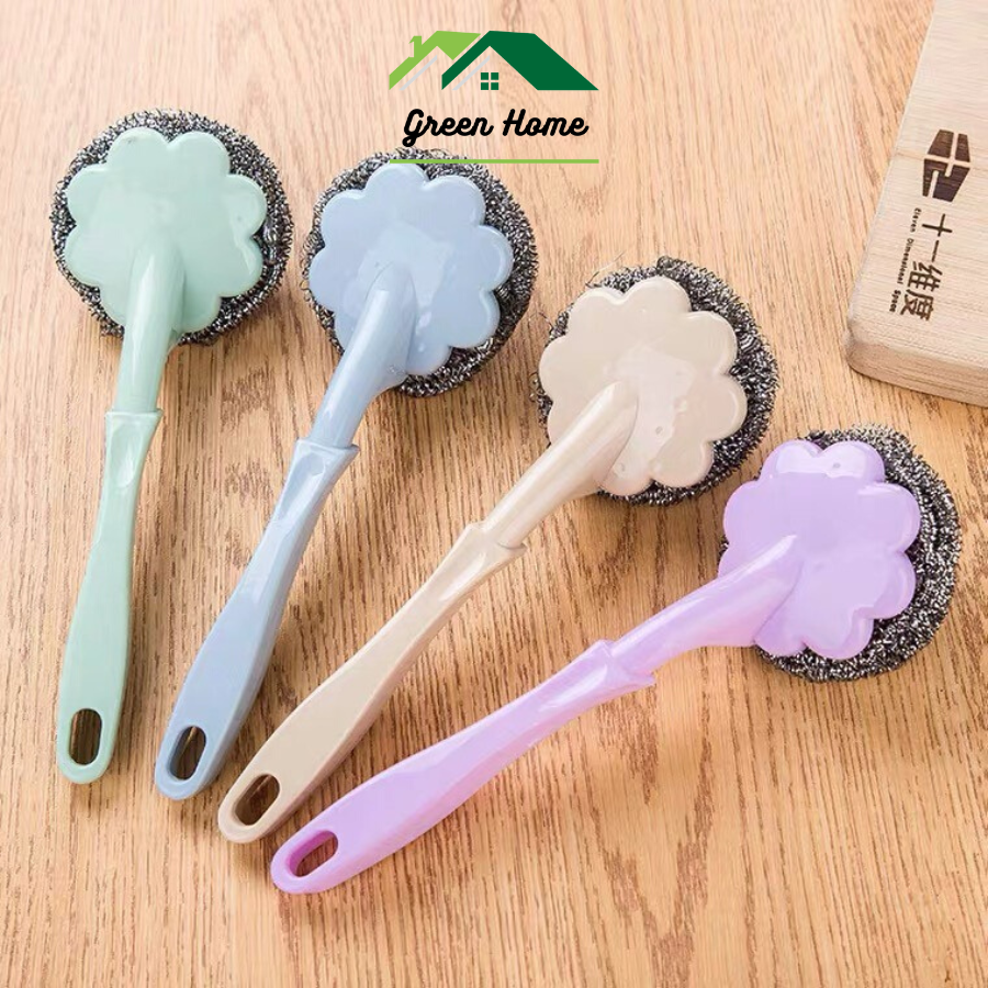 Cọ xoong nồi búi sắt không gỉ có tay cầm cán dài, Dụng cụ cọ rửa đa năng sạch sẽ tiện lợi