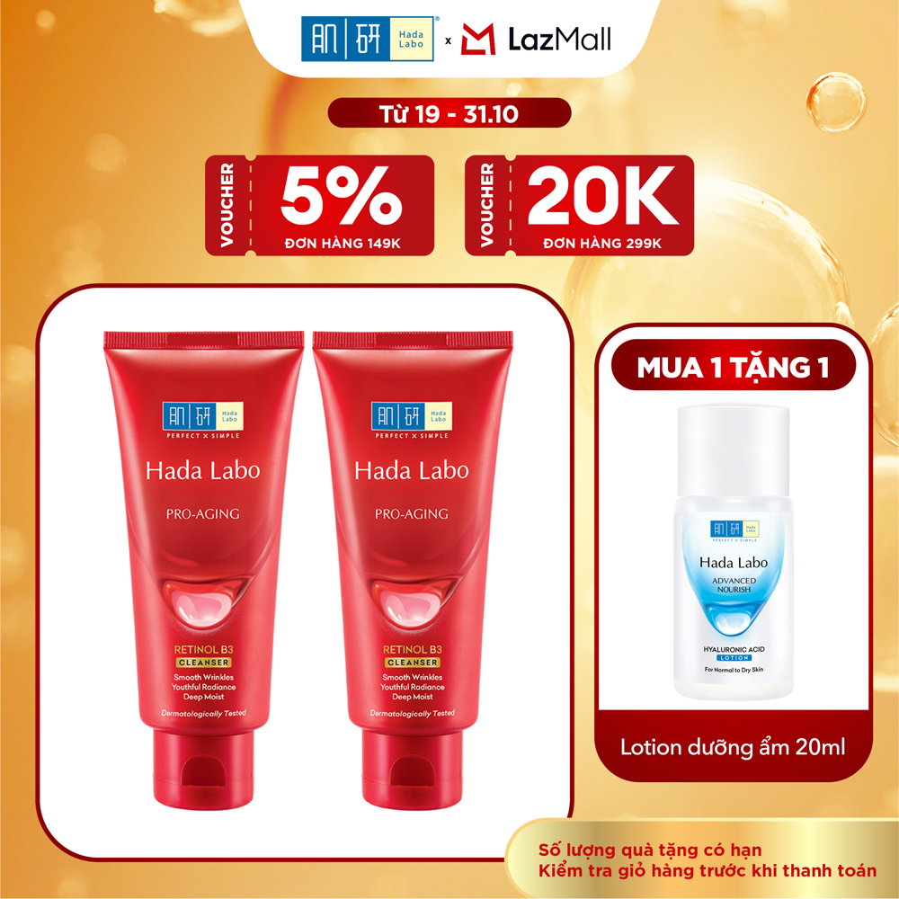 [VB] Bộ 2 Sữa rửa mặt cải thiện dấu hiệu lão hóa dạng kem Hada Labo Pro-Aging Retinol B3 Cleanser 80g