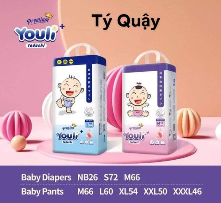 Tã/bỉm youli tý quậy organic lựu đỏ nb26/s72/m66/l60/xl54/xxl50/xxxl46