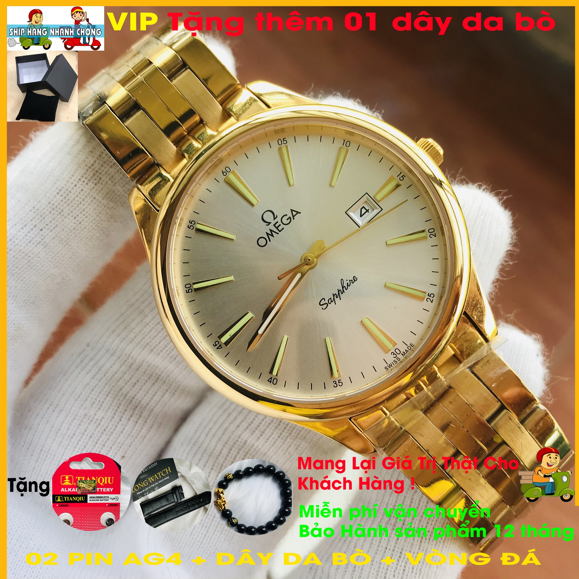 ĐỒNG HỒ NAM, DÂY THÉP KHÔNG GỈ 316L MẠ VÀNG PVD, MẶT TRẮNG SANG TRỌNG, VIỀN THÉP KHÔNG GỈ 316L, BỀN MÀU, KÍNH SAPPHIRE CHỐNG XƯỚC, CHỐNG TRẦY TẶNG COMBO QUÀ TẶNG GỒM DÂY DA BÒ, 02 PIN AG4, VÒNG ĐÁ TỲ HƯU PHONG THỦY