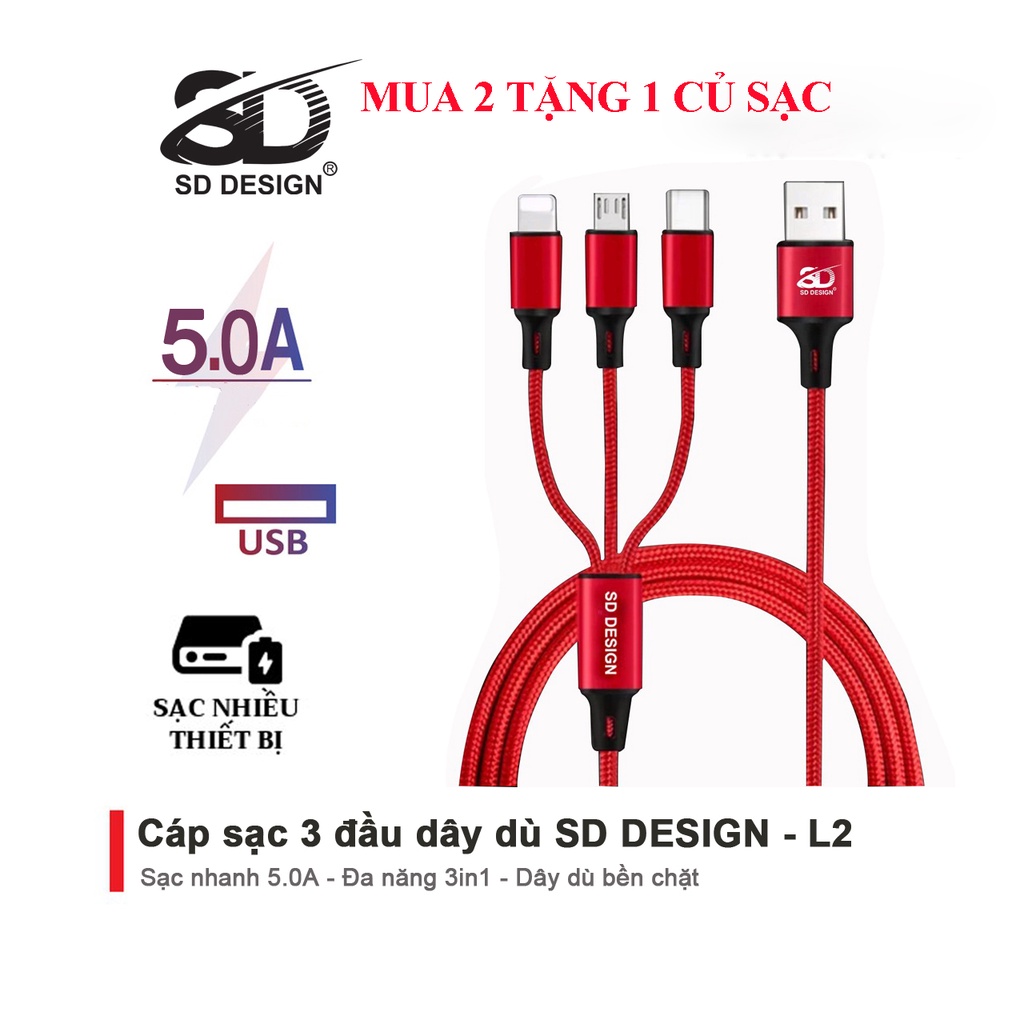 Cáp sạc 3 đầu l2 chính hãng sd design đa năng 3in1 lightning - micro - type c dây dù sạc cho samsung oppo xiaomi iphone