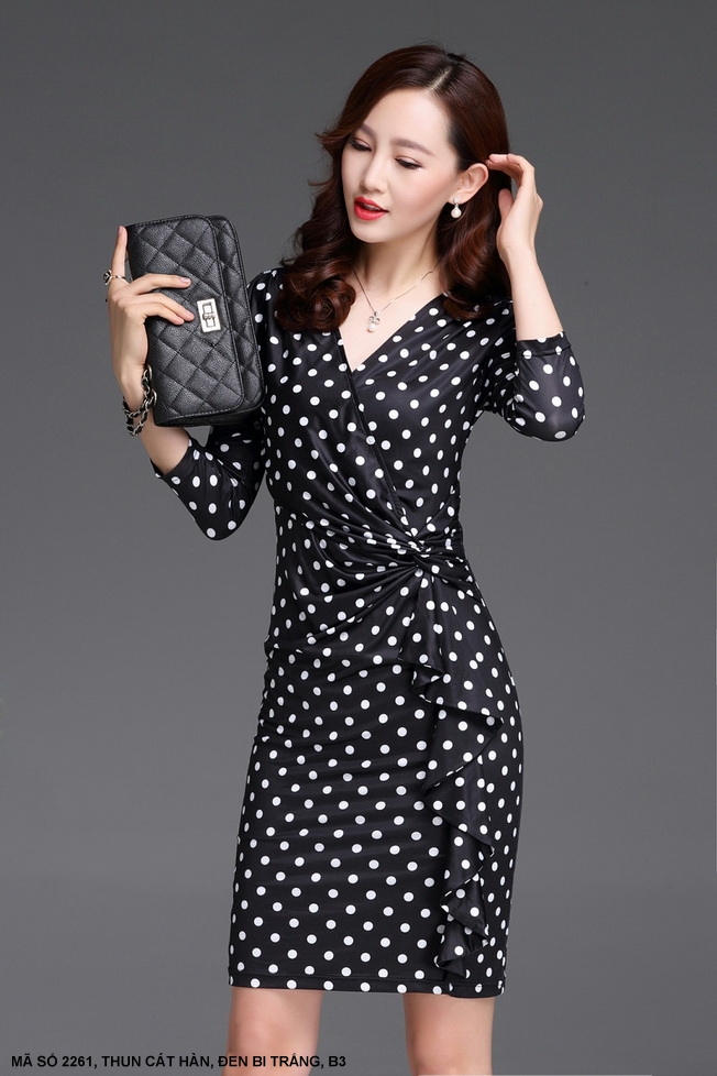 Đầm tay lở chấm bi dún eo quý phái 2261