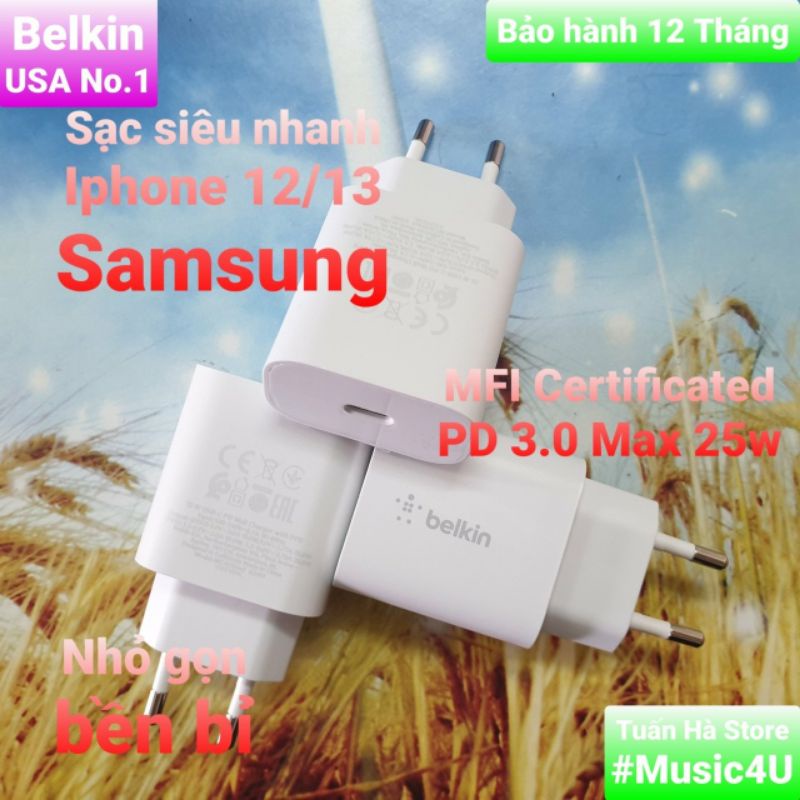 Củ sạc nhanh Belkin 25W Type C Iphone 11 12 13 Pro Max Samsung S21 S20 S22 Tuấn Hà Store