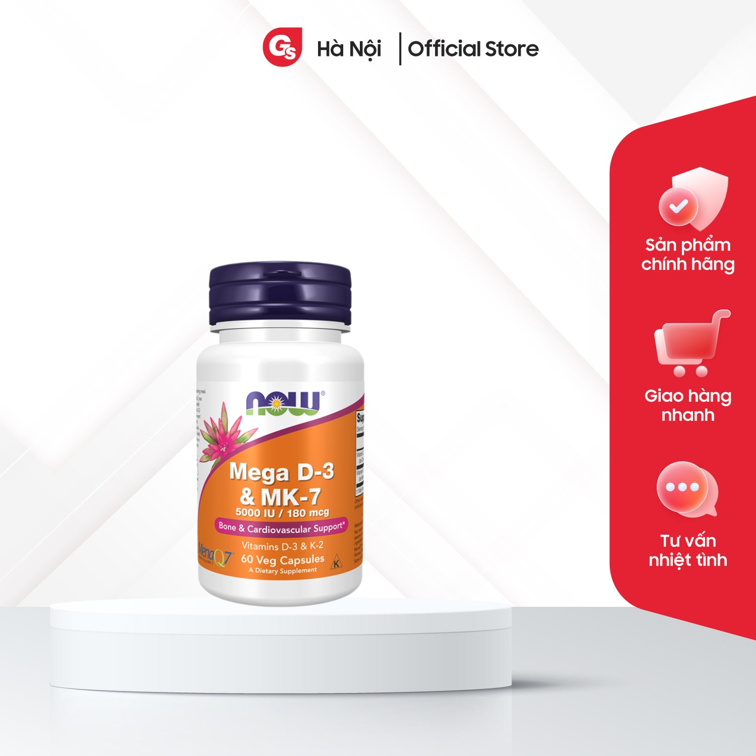 Viên uống Now Vitamin Mega D3 K2 (MK7) (60 viên) nhập khẩu Mỹ, thúc đẩy tổng hợp canxi, xương khớp c