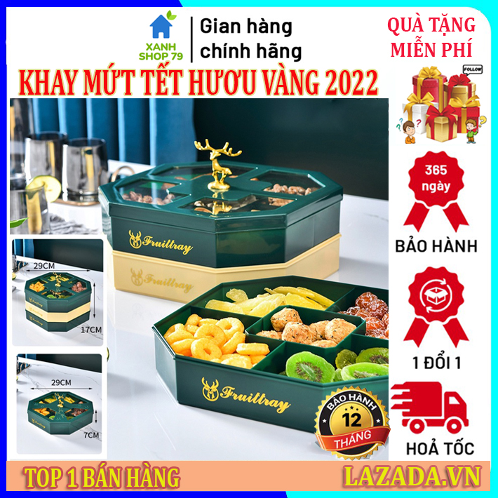 Khay đựng mứt bánh kẹo tết, hộp đựng bánh kẹo tết 3 tầng cao cấp sang trọng, khay mứt tết hươu vàng lịch sự làm quà tặng người thân yêu trong gia đình, bạn bè, đồng nghệp, hộp bánh kẹo tết