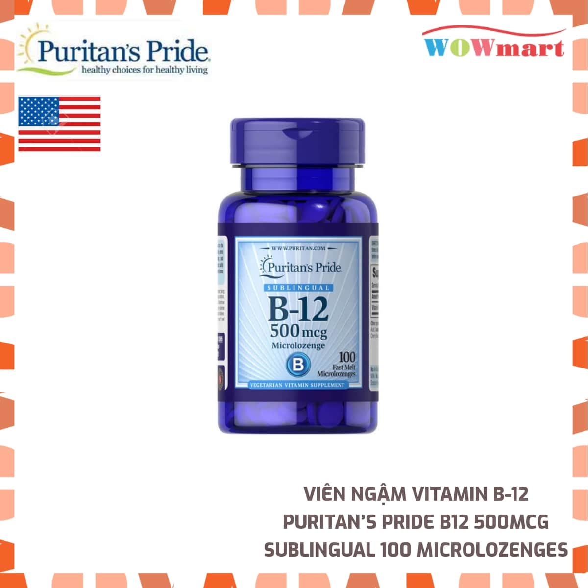 Viên ngậm Vitamin B-12 Puritan’s Pride B12 500mcg Sublingual 100 Microlozenges -