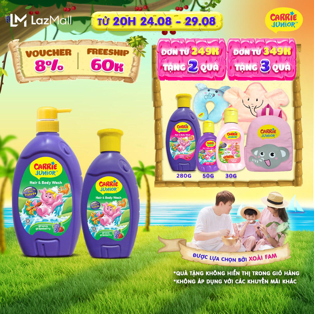 Combo Sữa Tắm Gội cho bé Carrie Junior chiết xuất trái cây thiên nhiên Hương Grapeberry: 700g + 280g