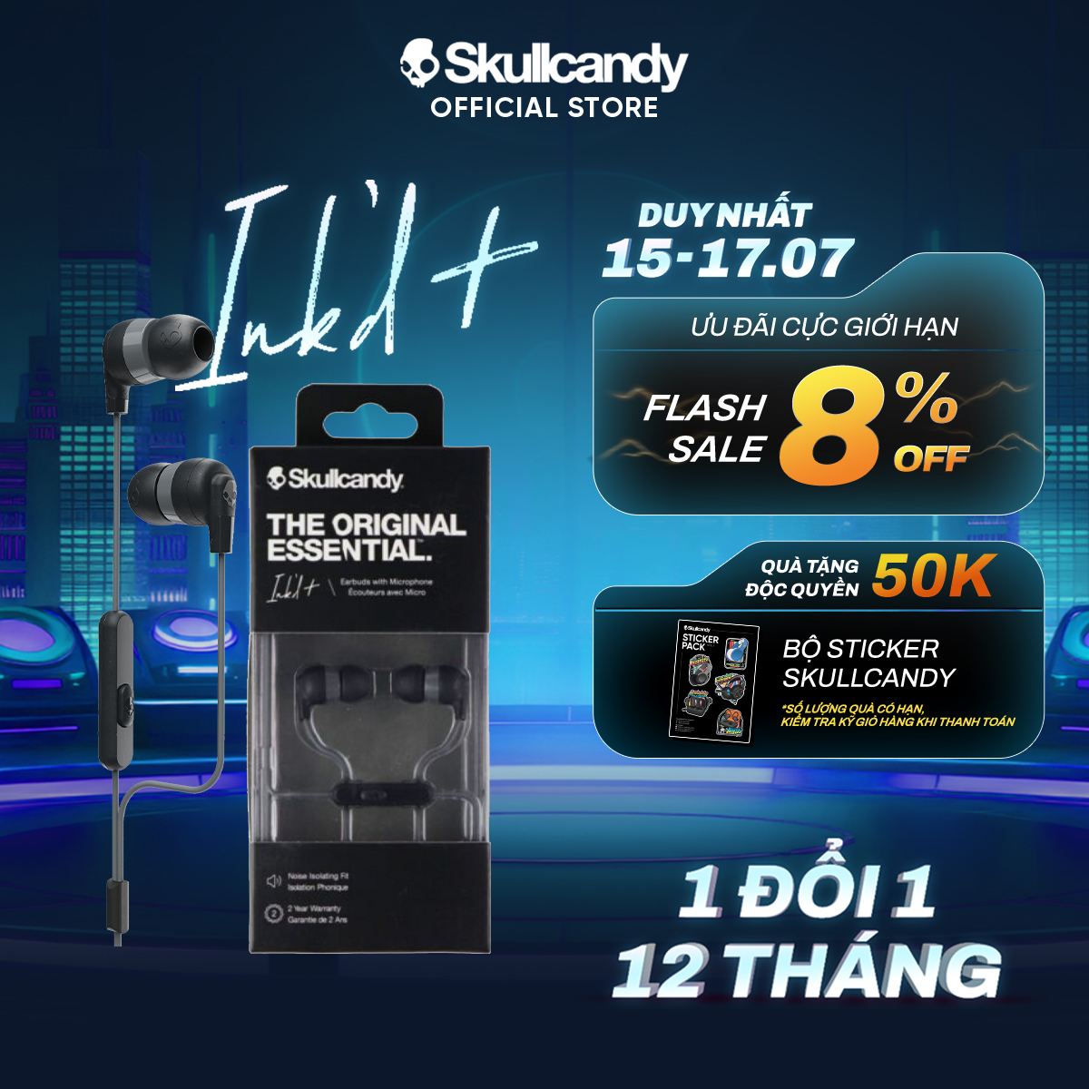 [THƯƠNG HIỆU MỸ] Tai nghe nhét tai Skullcandy có mic, jack cắm 3.5mm, cách âm thụ động Ink'd+  BẢO HÀNH 1 NĂM