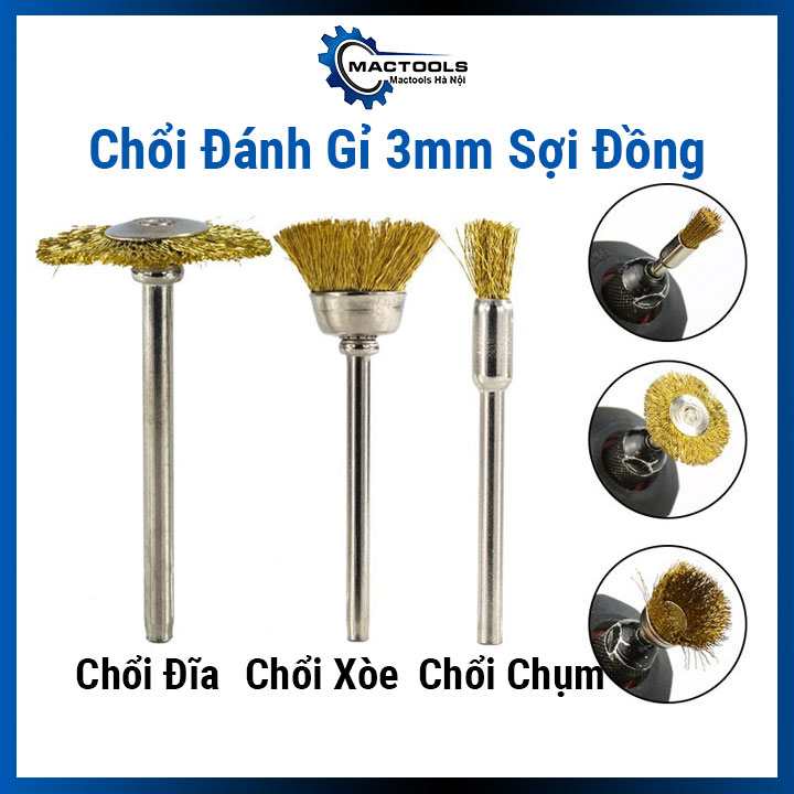 Chổi đánh gỉ sét mini trục 3mm sợi đồng gắn máy cầm tay đa năng, đánh bóng, làm sạch bề mặt kim loại
