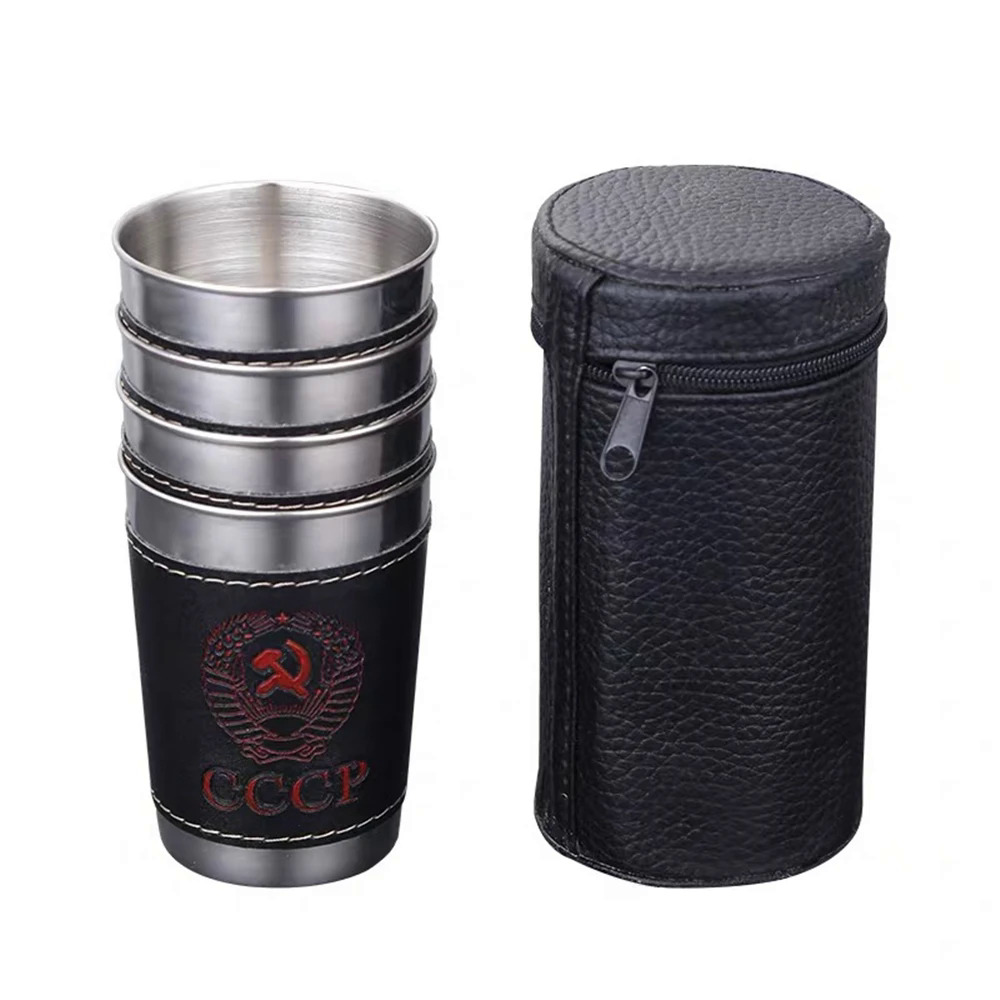 Vodka cup 304 PU Holster Nga thép không gỉ Mini  Tumbler xách tay cá nhân 4 cái 30ml Shot Glass Set sản phẩm ngoài trời