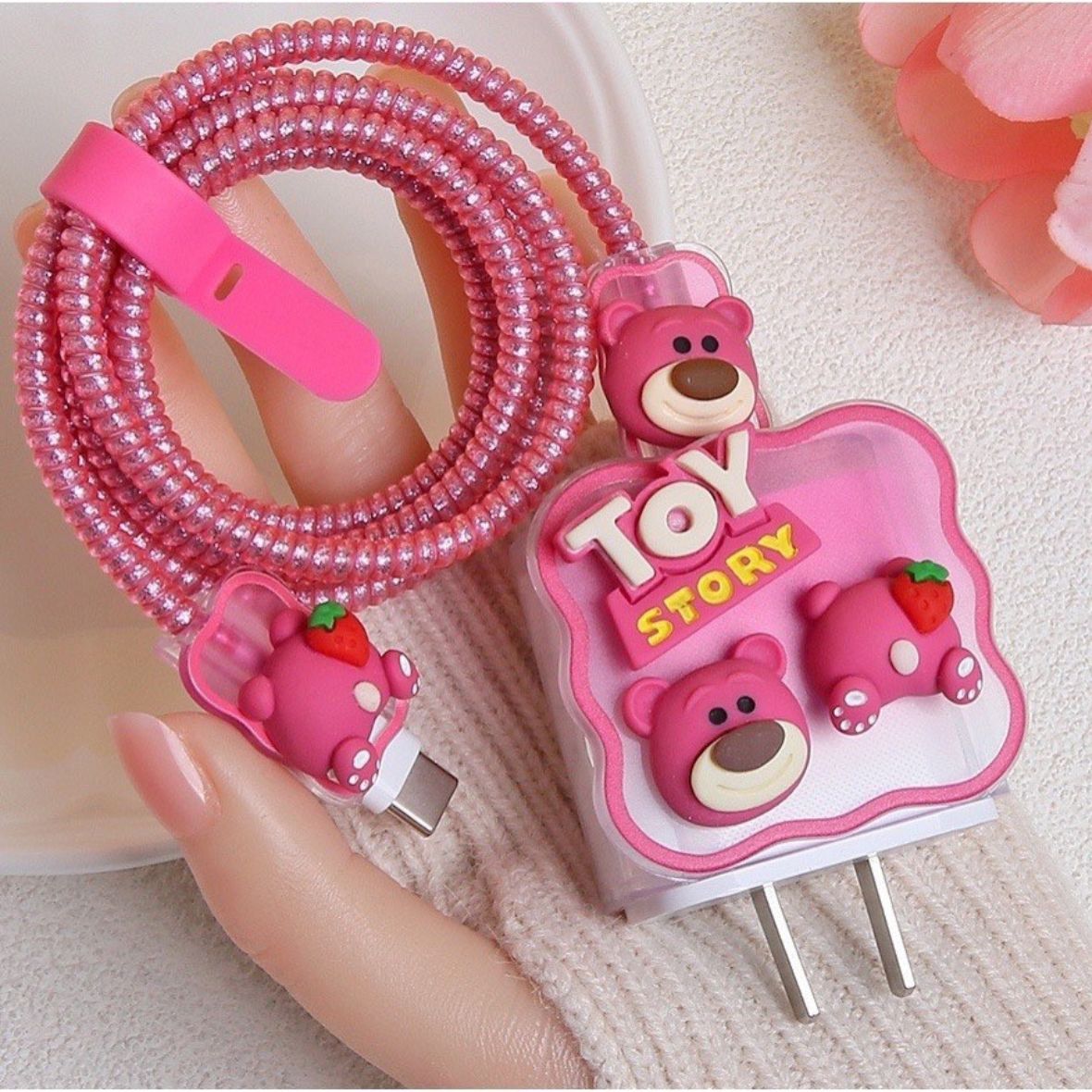 Bộ phụ kiện bảo vệ cáp và củ sạc iphone PD 18W/20W bằng silicon trong suốt hình hoạt họa dễ thương cho bộ sạc