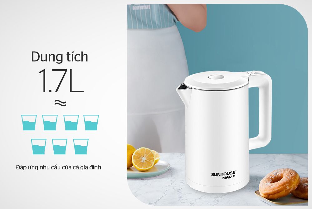 Ấm siêu tốc inox 2 lớp 1.7l sunhouse mama shd1386w