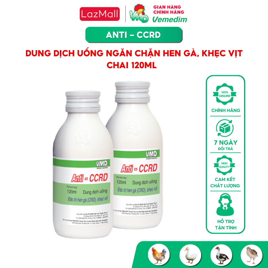 Vemedim Anti - CCRD dung dịch uống ngăn chặn hen gà (CRD), khẹc vịt, dành cho heo gà vịt bị viêm đường hô hấp mãn tính,  E.Coli, tụ huyết trùng, thương hàn, chai 120ml