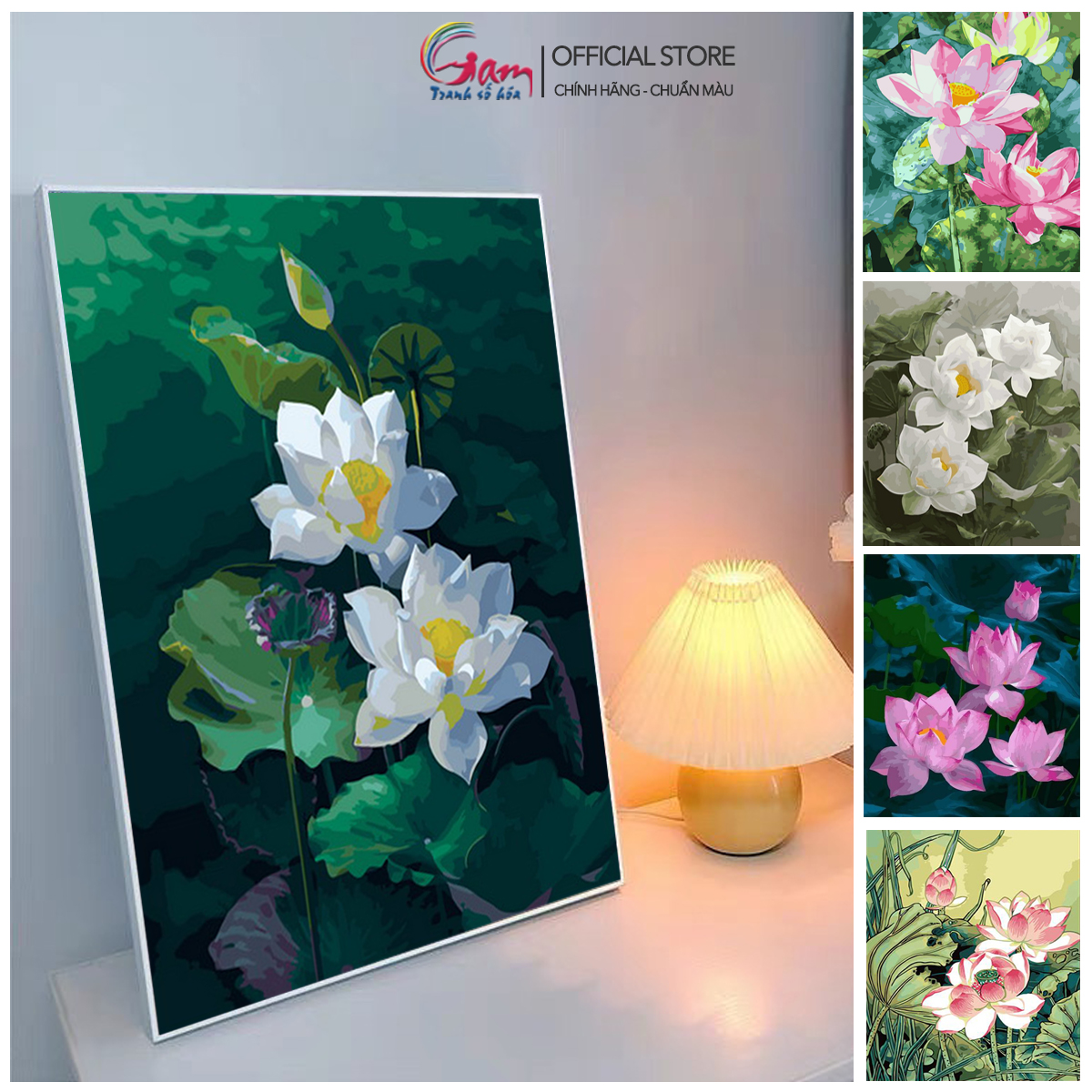 Tranh sơn dầu số hóa tự tô màu theo số hoa sen lotus Gam đã căng khung dày 2.5cm size 40x50cm