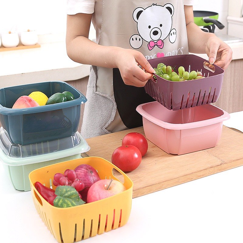 Rổ nhựa kèm thau 2in1 có nắp đậy bảo quản thực phẩm