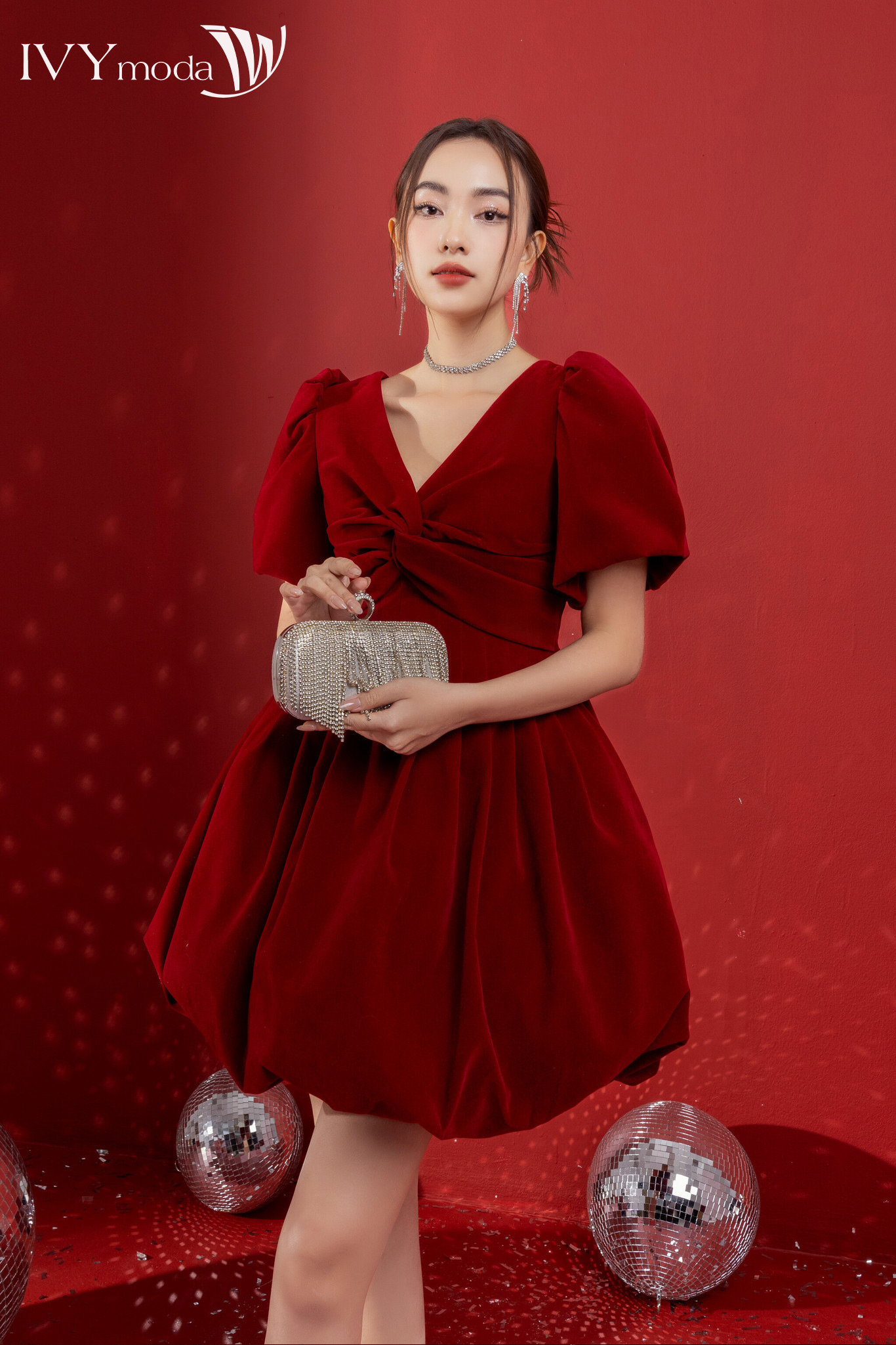 Đầm nhung xòe phồng ivy moda ms 45s2759