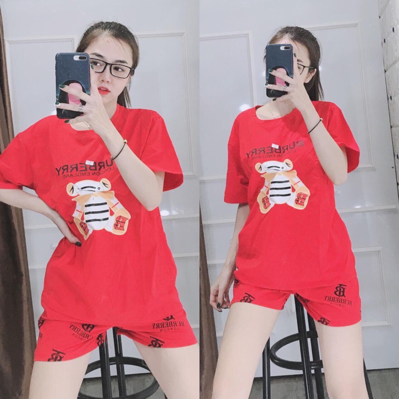 Đồ bộ mặc nhà cao cấp quần đùi họa tiết gấu đơn giản cực đẹp