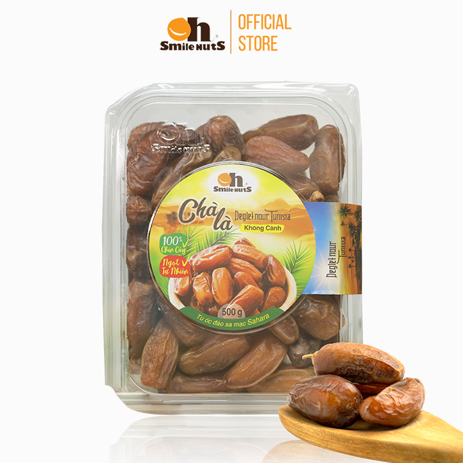 Chà Là Deglet Nour Tunisia Smile Nuts hộp 500g - Chà là khô tự nhiên trên cây, không qua sấy nhiệt -  Chà là smilenuts thớ thịt dày, khô tự nhiên quả to, ít ngọt