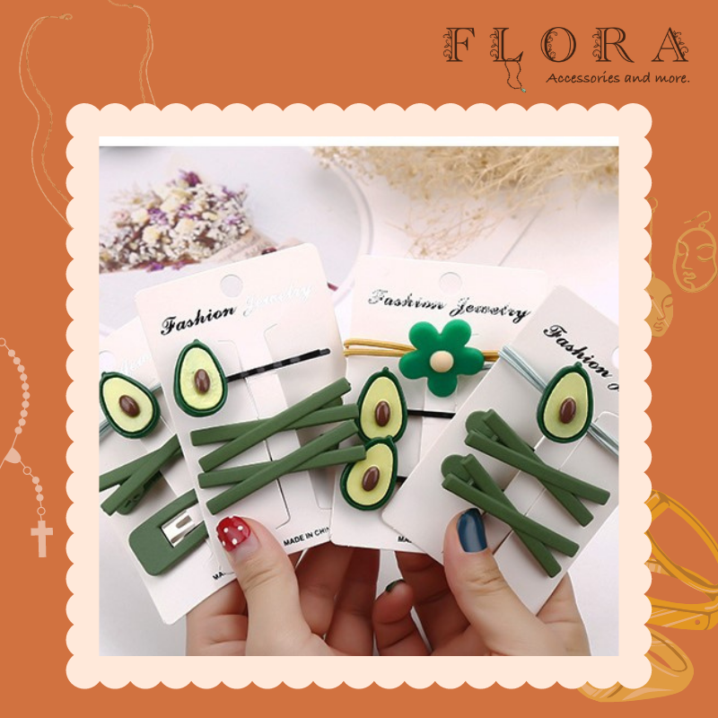 Set 3 món cột tóc, kẹp tóc quả bơ - Flora