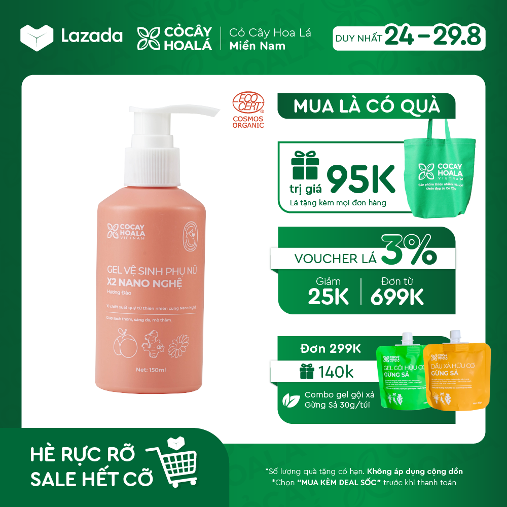 Dung dịch vệ sinh phụ nữ Gel x2 nano nghệ hữu cơ đào chín Cỏ Cây Hoa Lá, lưu hương, dưỡng ẩm,hồng mịn, se khít, 150ml