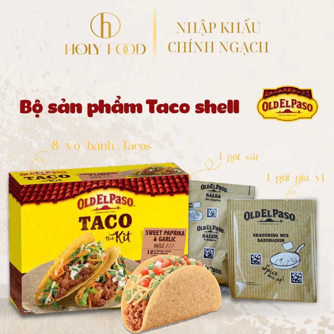 Old El Paso Taco Kit Original Chili Bộ sản phẩm Taco Mexico Chính Hãng 8 Vỏ Taco + Gia Vị + Sốt Salsa | Nấu Nhanh 20 Phút