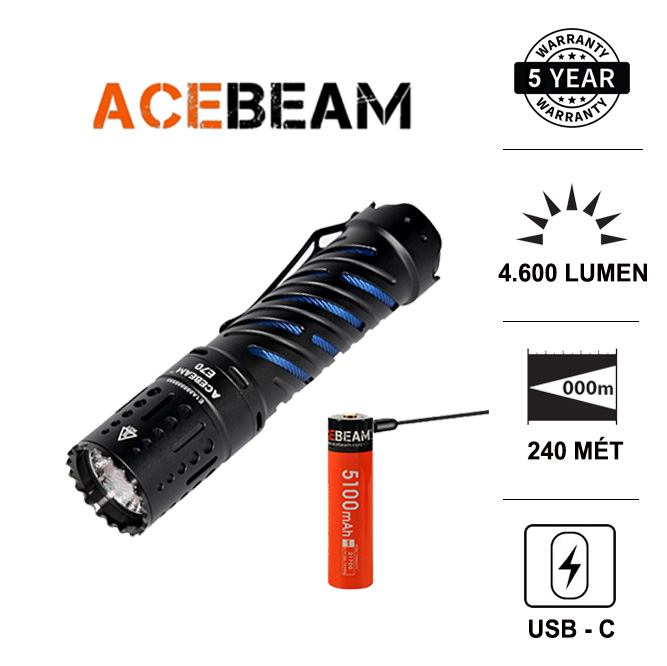 [ĐÈN PIN SIÊU SÁNG]  ACEBEAM E70 KÈM PIN sáng 4600lm chiếu xa 240m LED XHP70.2 dùng pin 21700 sạc Type-C BH 5 năm