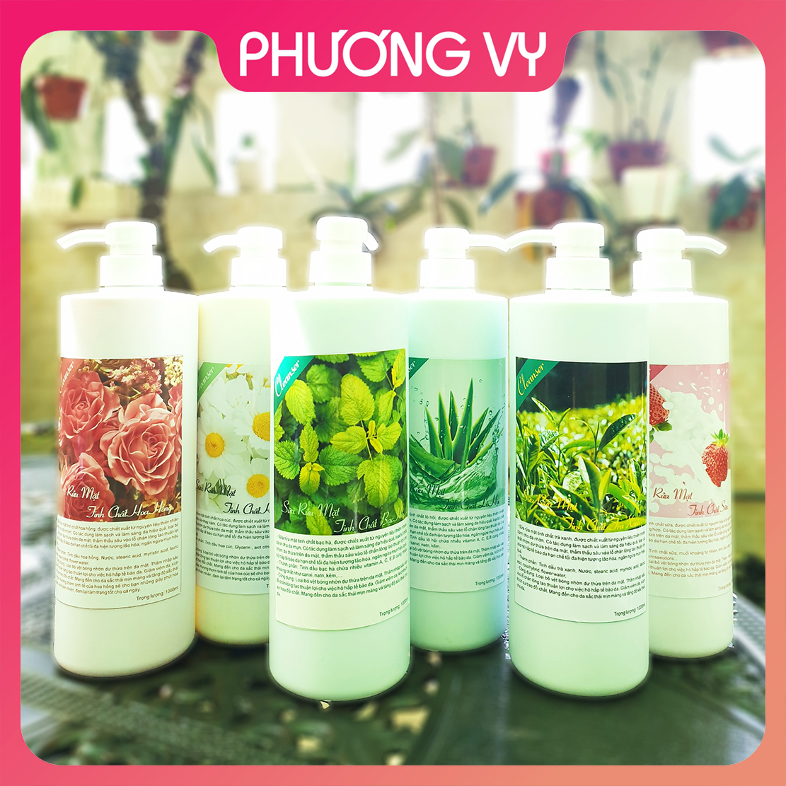 Sữa rửa mặt các loại 1000ml cho spa: hoa hồng, hoa cúc, lô hội, bạc hà, trà xanh, sữa.
