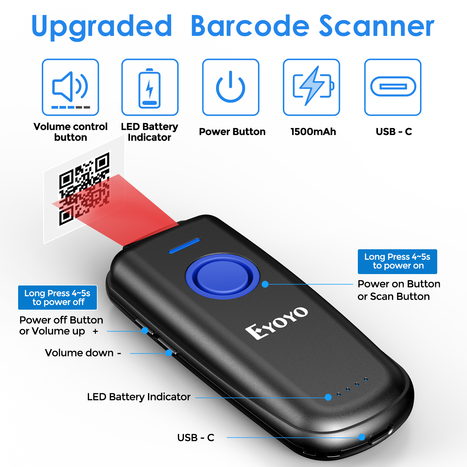 Máy quét mã vạch mã QR không dây Eyoyo 2D wireless QR code scanner via bluetoth  Đi qua Bluetooth với nút điều chỉnh âm lượng và công tắc nguồn vật lý Máy quét mã QR di động để kiểm kê