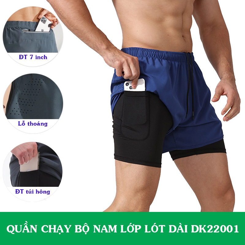 Quần Chạy Bộ Nam Running 2 Lớp DK2201 Có Túi Đựng Điện Thoại