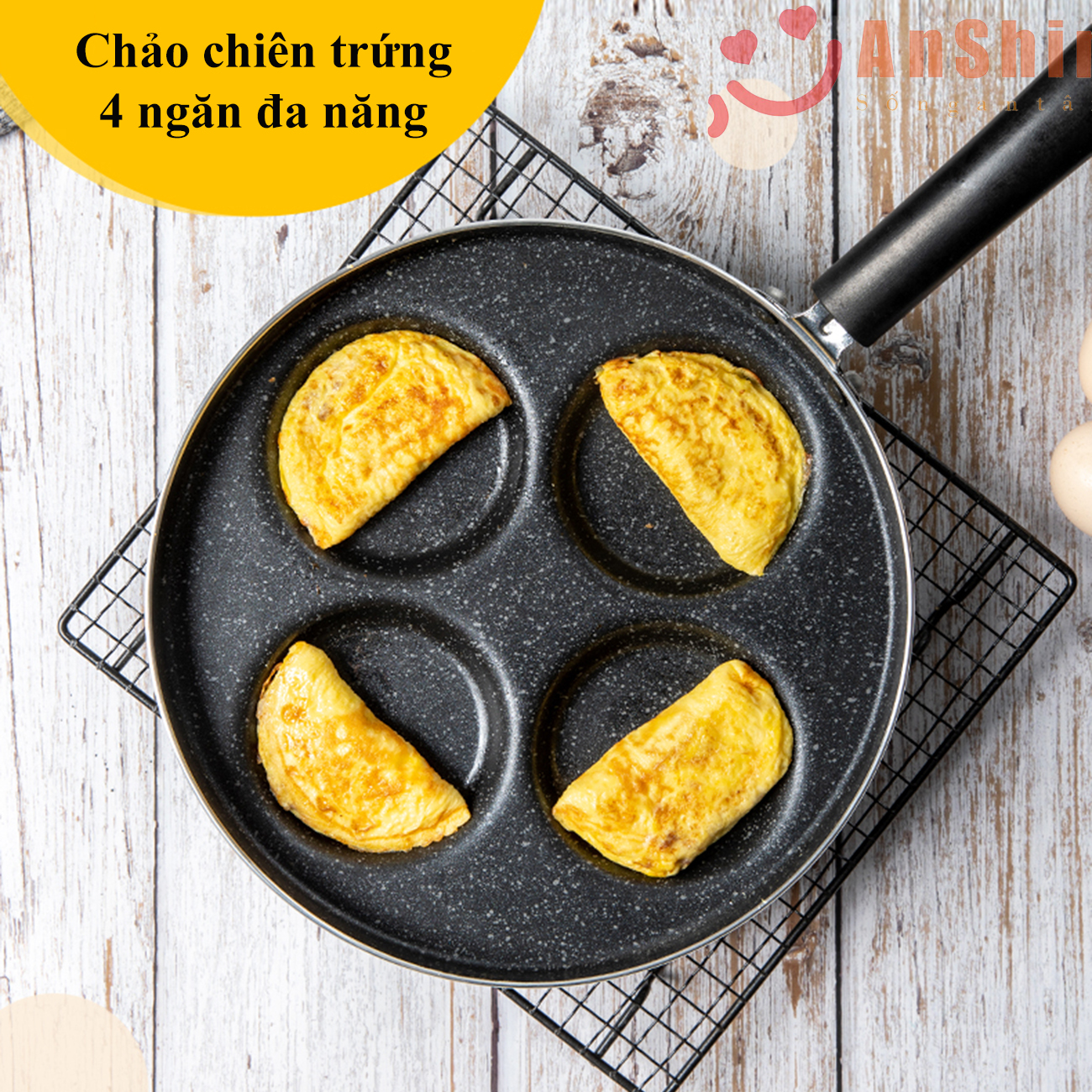 Chảo chiên trứng ốp la 4 ngăn - chảo vân đá chống dính cao cấp