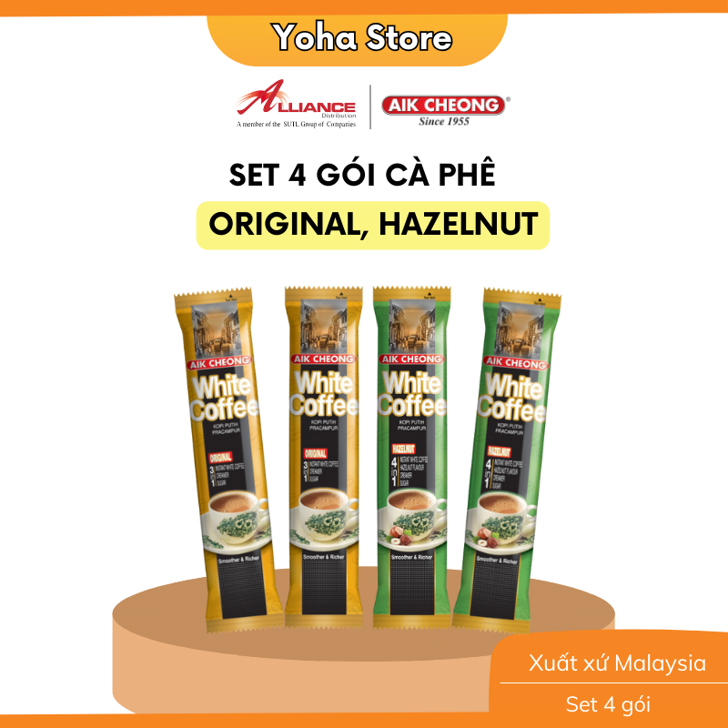Chính hãng - Set 4 Gói Nhỏ Cà Phê Trắng Aik Cheong White Coffee Cà Phê Trắng Truyền Thống, Cà Phê Trắng Hạt Phỉ 160g - nhập khẩu từ Malaysia