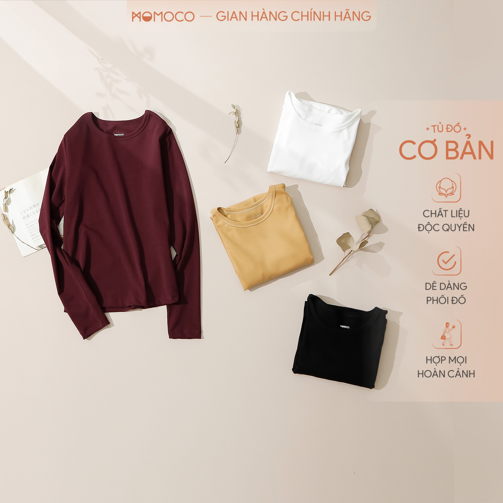 Áo Thun Nữ Dài Tay Basic MOMOCO M2924 Chất Vải Cotton Zip Mềm Mại Co Giãn Dáng Áo Ôm Cổ Tròn Quyến Rũ