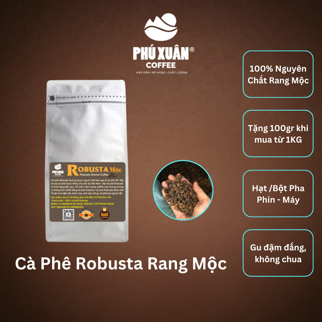 Cà phê rang xay nguyên chất Robusta dùng pha phin pha máy vị đậm đắng, mạnh, hậu ngọt - Phú Xuân Coffee - cafe rang xay pha phin dạng hạt dạng bột