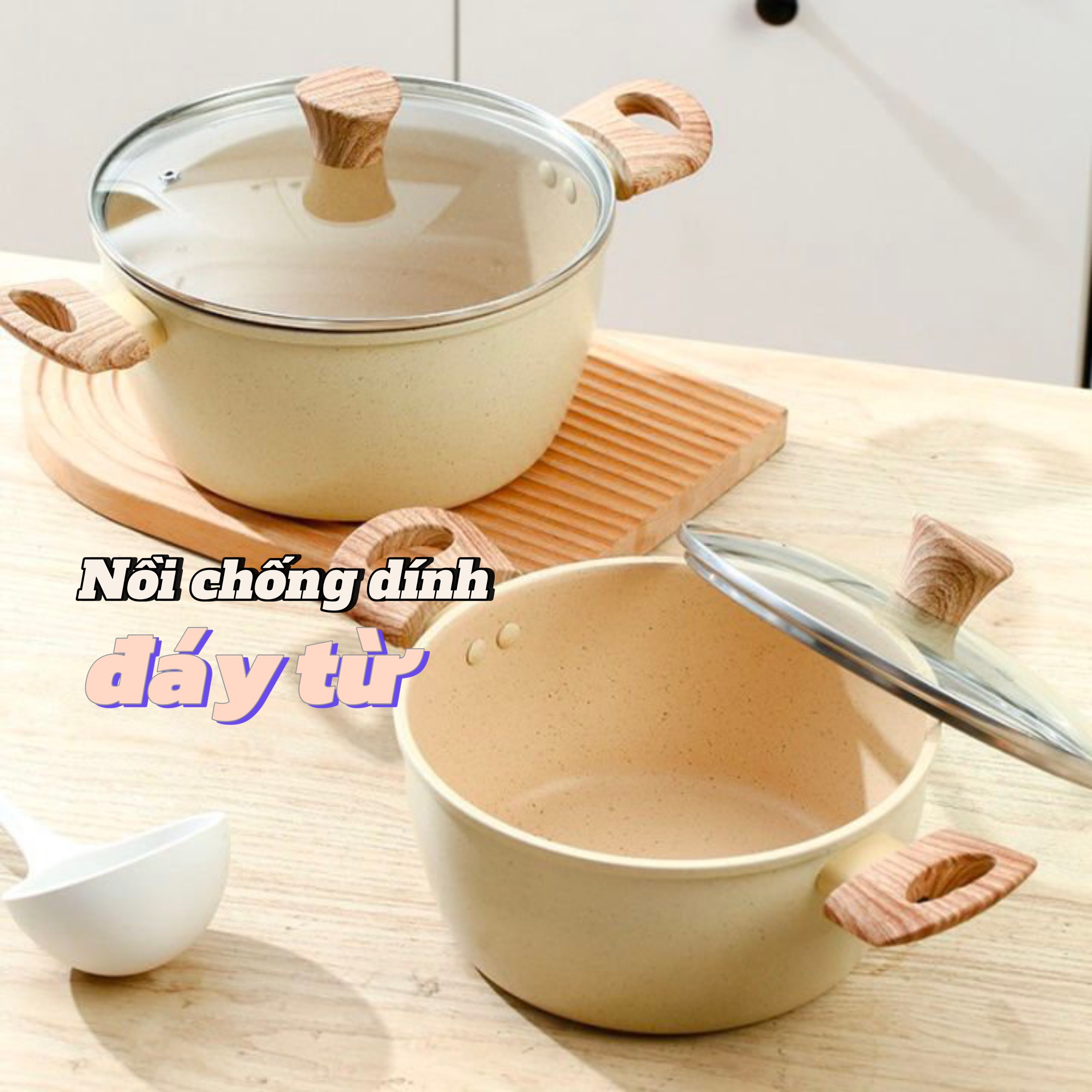 Nồi Đá Chống Dính Nhật 20CM 22cm dùng cho tất cả bếp - Nồi vân đá có quai cầm bằng gỗ, nắp kính sang