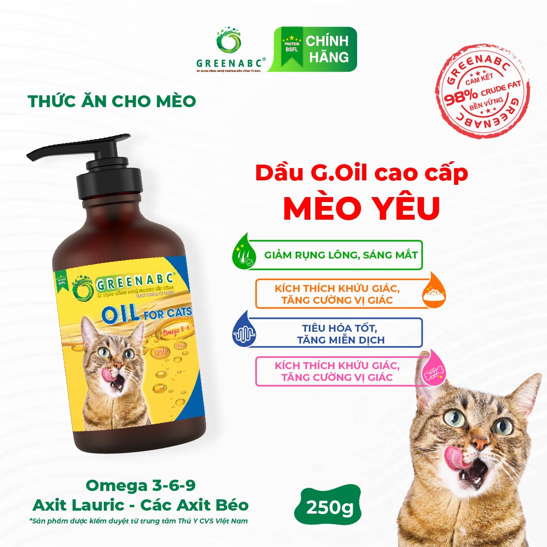 Dầu ăn bổ sung cho Mèo GREENABC - Lông mượt, giảm rụng lông, tiêu hóa tốt - Chai 250g