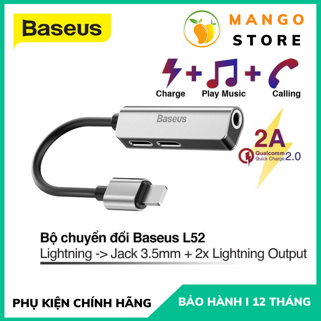 Jack chuyển đổi tai nghe iPhone 3 in 1 Baseus L52 Vừa sạc vừa nghe Hỗ trợ mic chân Lighting