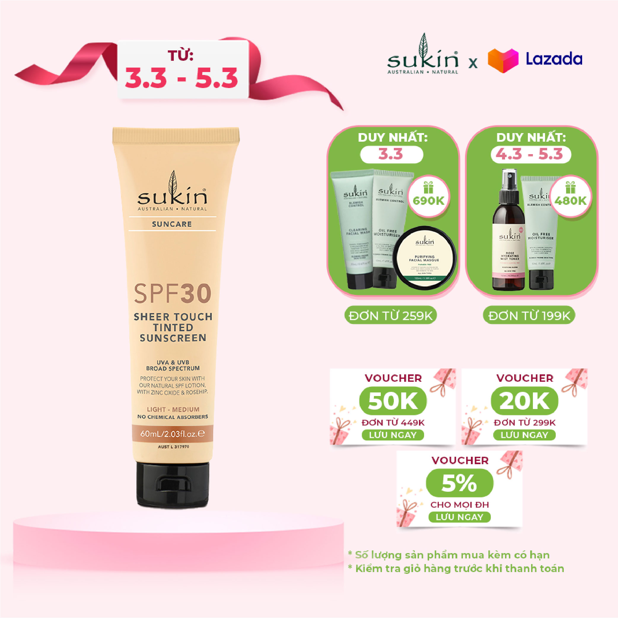 Kem Chống Nắng SPF30 Sukin Suncare SPF 30 Sheer Touch Tinted Sunscreen Light - Medium 60ml (HSD: 05/2023)