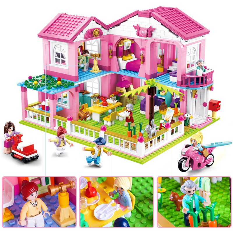 Đồ chơi xếp hình lắp ráp Đồ chơi lego bé gái kiểu lego biệt thự gia đình 896 mảnh 6 người Sluban M38-B0721